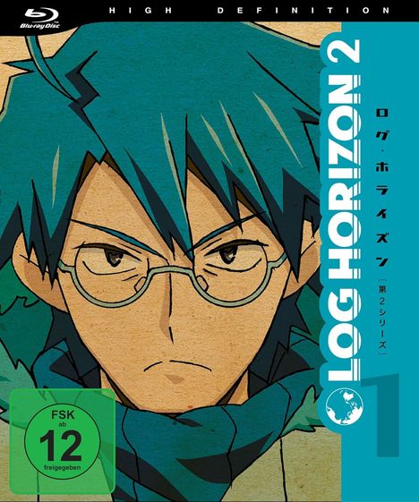 Text: "LOG HORIZON 2", "FSK ab 12 freigegeben". Illustration eines Charakters mit Brille und blauen Haaren in Anime-Stil.