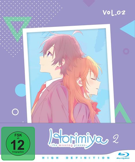 "Vol. 02, Horimiya the missing pieces, FSK ab 12 freigegeben." Zwei Jugendliche Rücken an Rücken, in pastellfarbenen Tönen.