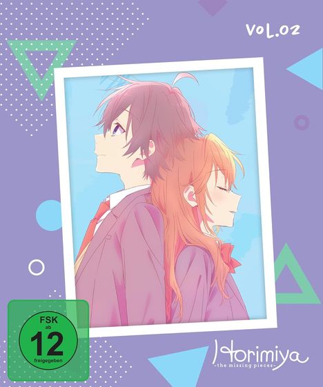 VOL.02, FSK ab 12 freigegeben, Horimiya: the missing pieces. Zwei Personen lehnen Rücken an Rücken, schlichte Grafik.