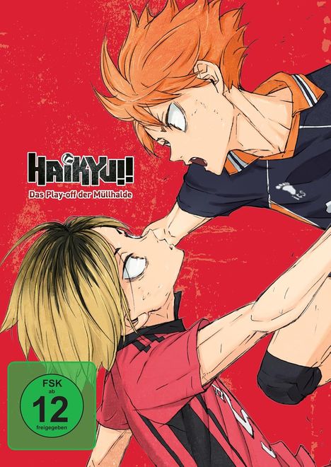 „Haikyu! Das Play-off der Müllhalde“ in Blocktext, FSK 12. Zwei animierte Volleyballspieler im intensiven Duell auf rotem Hintergrund.