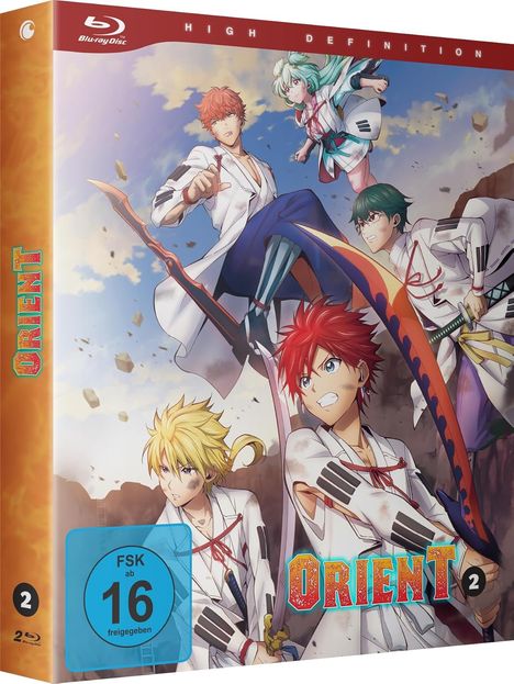 "Orient", "FSK ab 16", fünf Anime-Figuren mit Schwertern in actionreichen Posen, blauer Himmel im Hintergrund.