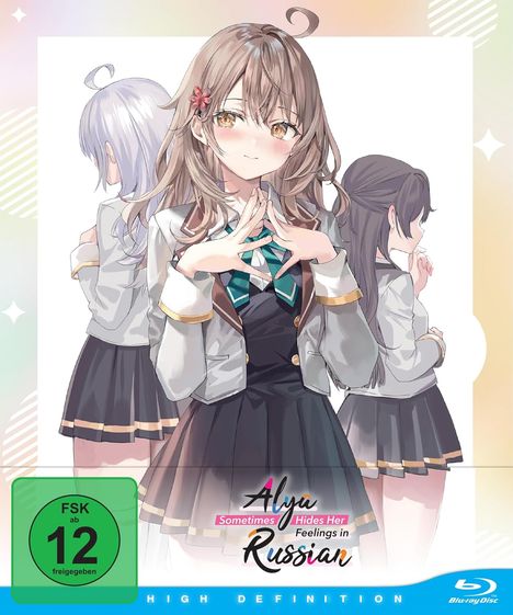 Text: "Alya Sometimes Hides Her Feelings in Russian", "FSK ab 12 freigegeben". Illustration: Drei Anime-Mädchen in Schuluniformen.