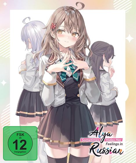 Text: "Alya Sometimes Hides Her Feelings in Russian." Illustration: Mädchen in Schuluniform, eine mit langen braunen Haaren.