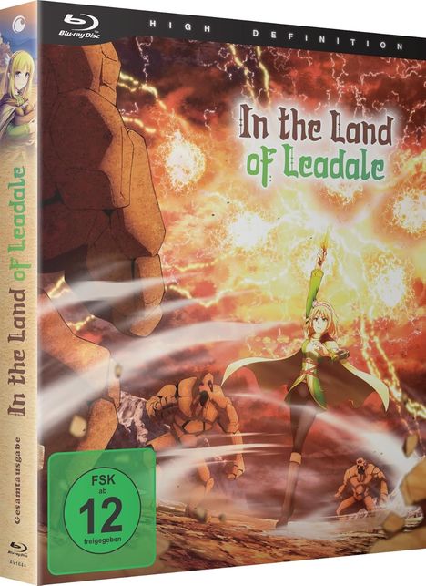"In the Land of Leadale", FSK ab 12. Illustration: Frau in grüner Kleidung und Roboter in orangener Landschaft.