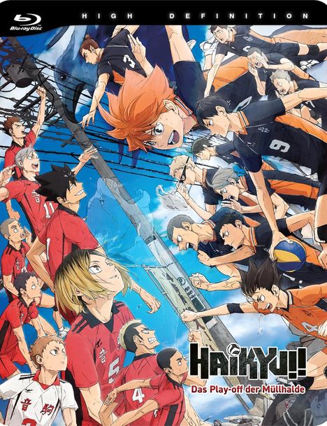 "Haikyu!! Das Play der Aussenseiter" in der unteren rechten Ecke. Volleyball-Spieler in roten und schwarzen Trikots springen.