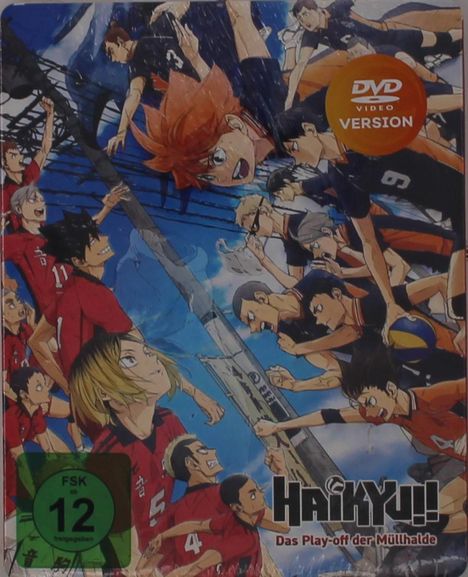 „Haikyu!! Das Play-off der Müllhalde“  Schriftzug, „DVD Video Version“ Aufkleber. Anime-Illustration mit Volleyballspielern.