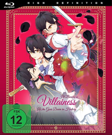 Text: "I'll Become a Villainess Who Goes Down in History", "FSK ab 12 freigegeben". Drei Anime-Figuren, roter Hintergrund.