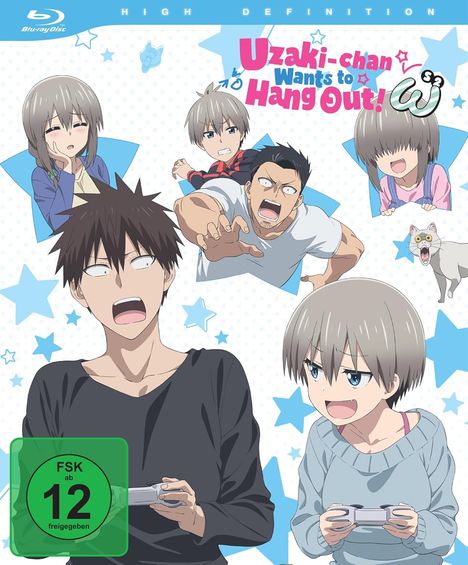 Cover mit Schriftzug: "Uzaki-chan Wants to Hang Out!". Mehrere Anime-Charaktere, teils mit Spielecontrollern, fröhlich oder überrascht.