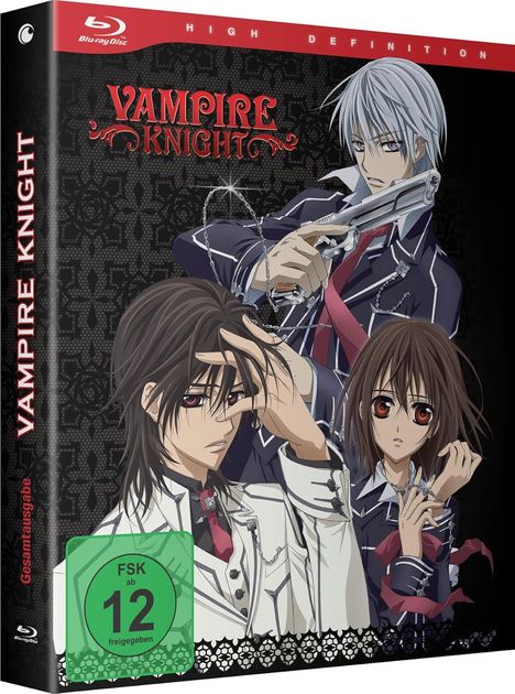 "VAMPIRE KNIGHT", FSK 12. Drei Anime-Charaktere in Schuluniformen, ein Junge mit Pistole und zwei mit ernsten Gesichtsausdrücken.