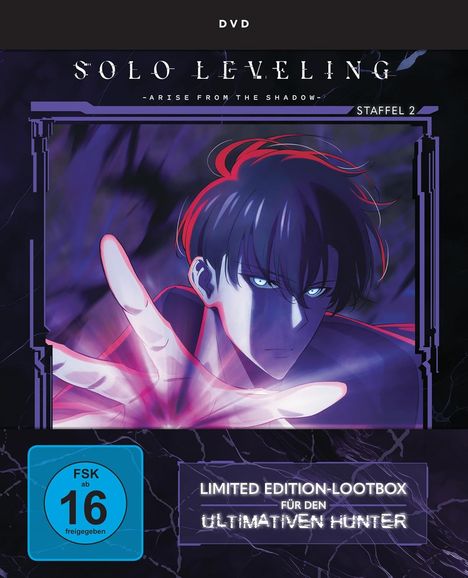 „Solo Leveling: Arise From The Shadow, Staffel 2. Limited Edition-Lootbox für den ultimativen Hunter. FSK ab 16.“ Im Hintergrund eine Illustration eines Mannes mit leuchtenden Augen.