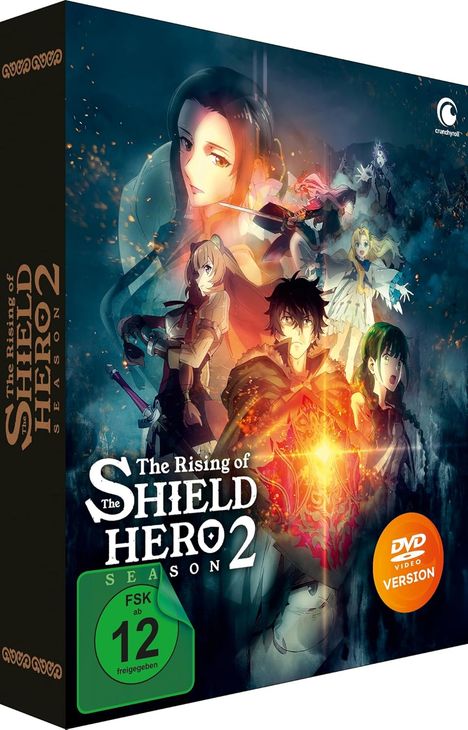 "The Rising of the Shield Hero 2". Illustration mit Anime-Figuren und leuchtendem Schild, FSK 12 Logo, DVD Video Version.