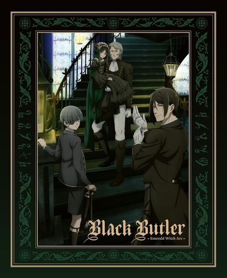 "Black Butler: Emerald Witch Arc." Illustration zeigt vier elegant gekleidete Figuren auf Treppe, dekorativer Rahmen.