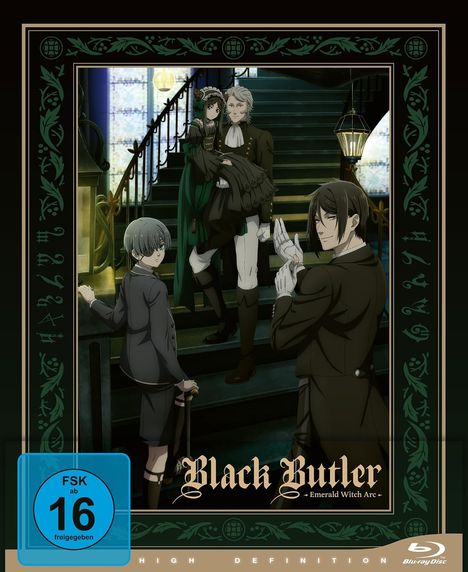 „Black Butler: Emerald Witch Arc“ und „FSK ab 16 freigegeben“. Illustration mit Figuren auf einer Treppe.