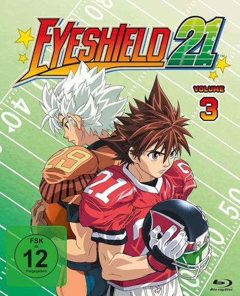 "Eyeshield 21", "Volume 3", FSK 12. Zwei Anime-Figuren in Football-Trikots, Hintergrund wie ein Spielfeld.