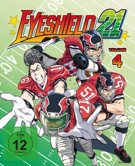 "Eyeshield 21 Volume 4" steht in großen Buchstaben oben. Vier American Football-Spieler in roten Trikots stürmen dynamisch nach vorne.