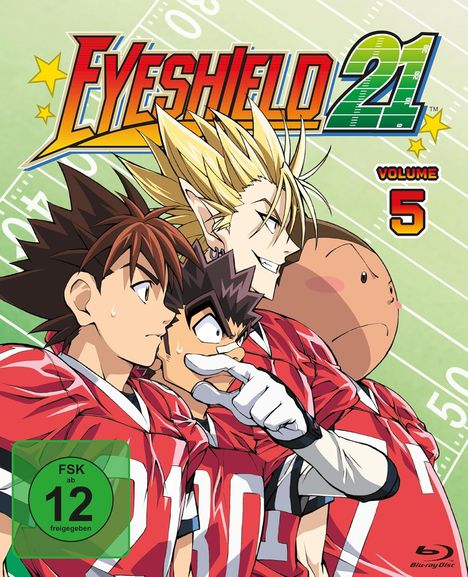 "Eyeshield 21 Volume 5." FSK 12. Drei Football-Spieler in roten Trikots auf einem Spielfeld. Anime-Stil.