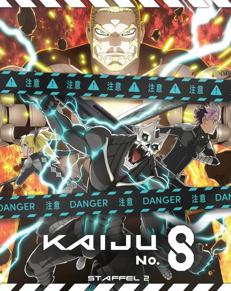 Achtung und Danger-Schilder, "KAiJU No. 8", "STAFFEL 2". Anime-Illustration mit kämpfenden Figuren und Flammen.