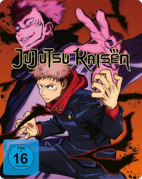 Text: "Jujutsu Kaisen", "FSK ab 16 freigegeben". Illustration von zwei kämpfenden Anime-Figuren vor orangenem Hintergrund.