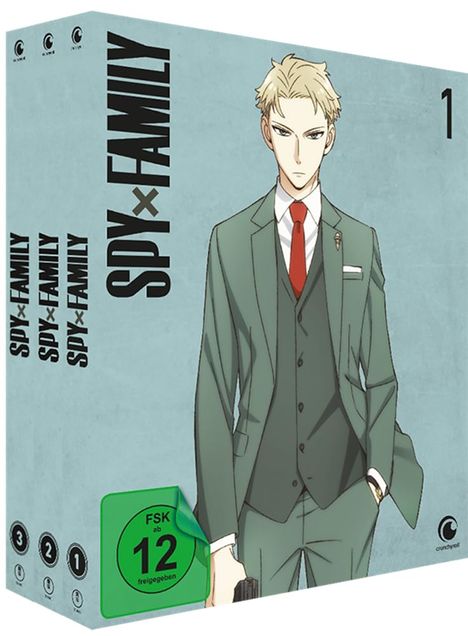 „SPY x FAMILY“ und „FSK ab 12 freigegeben“. Illustration eines eleganten Mannes im Anzug.