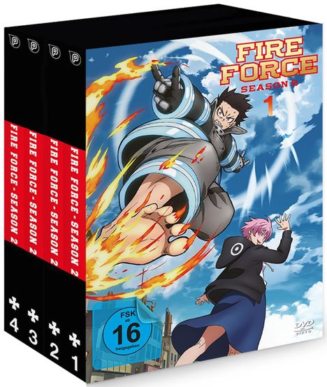 „FIRE FORCE SEASON 2“ und „FSK ab 16 freigegeben“ auf einer DVD-Box mit feurigen Anime-Charakteren.