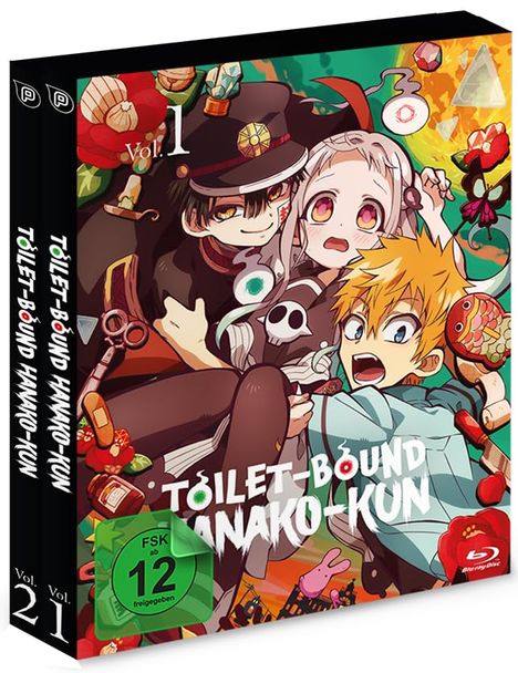 Text: "Toilet-Bound Hanako-kun", "Vol. 1", "Vol. 2", "FSK ab 12 freigegeben". Illustration von drei Anime-Charakteren.