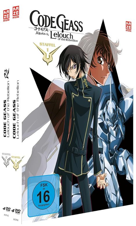 "Code Geass: Lelouch of the Rebellion, Staffel 1. FSK ab 16 freigegeben." Illustration eines Charakters in schwarzer Uniform.