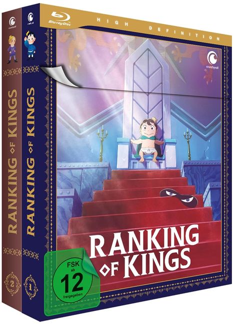"RANKING OF KINGS", FSK 12. Illustration: Kind auf Thron, rote Treppe, Kronleuchter, goldene Akzente, Crunchyroll-Logo.