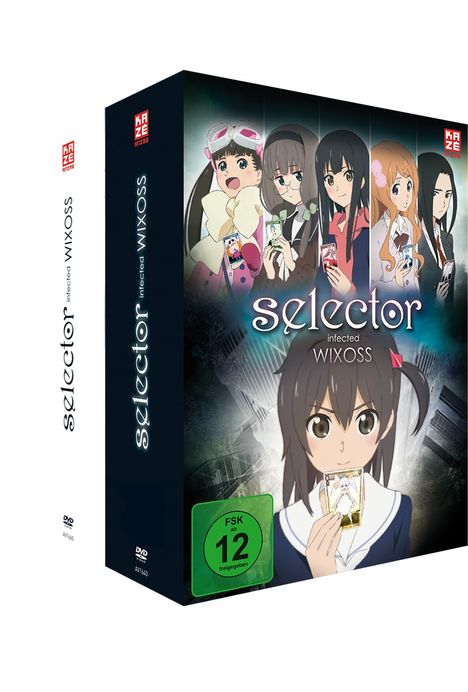 Text: "selector infected WIXOSS", "FSK 12". DVD-Box mit Anime-Illustration von fünf Mädchen, die Karten halten.