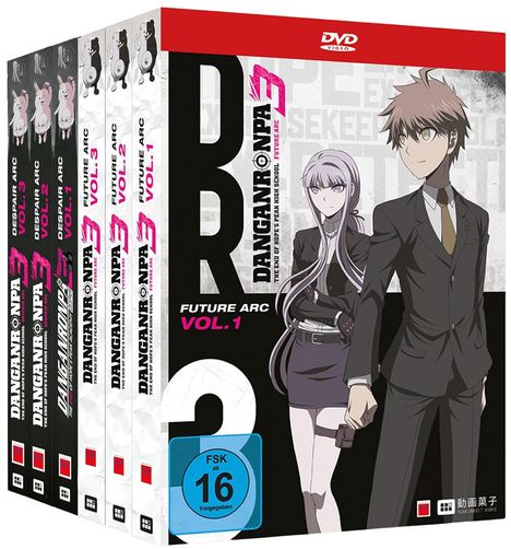 Danganronpa 3, Vol. 1, Future Arc, DVD; FSK 16. Zwei Anime-Figuren in Anzügen. Boxset mit mehreren Bänden.