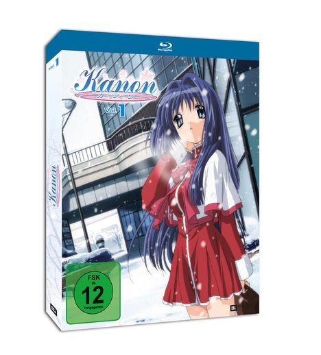„Kanon“, „Vol. 1“, „FSK ab 12 freigegeben“. Eine Illustration eines Mädchens im Schnee, vor einem modernen Gebäude.