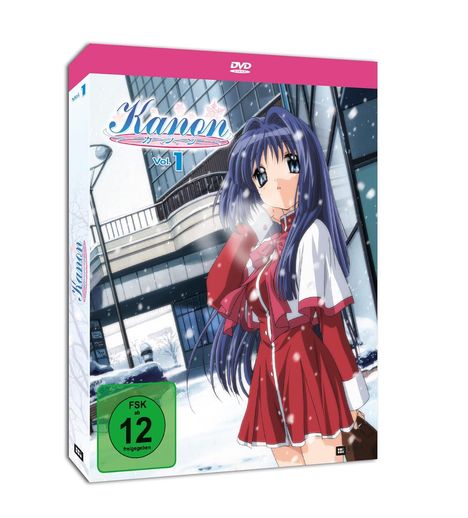 "Kanon Vol. 1", FSK 12. Anime-Mädchen in roter Schuluniform im Schnee. Hintergrund zeigt modernes Gebäude.