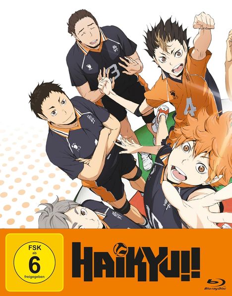 Text: "FSK ab 6 freigegeben", "Haikyu!!", "Blu-ray Disc". Illustration von jubelnden Volleyballspielern in Sportkleidung.