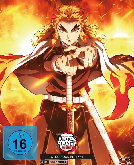 „FSK ab 16 freigegeben“, „Demon Slayer: Mugen Train“, „Steelbook Edition", „4K Ultra HD“. Ein Charakter in Flammen.