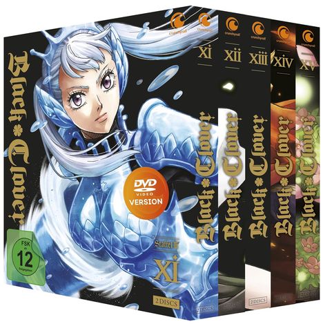 Texte: "Black Clover", "DVD Video Version", "Staffel II", "XI", "FSK 12". Illustration einer Figur in blauer Rüstung.