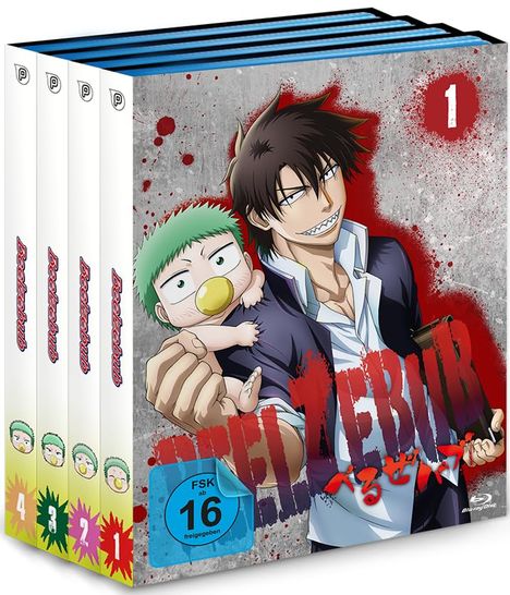 Boxset mit "Beelzebub", Vol. 1-4, FSK 16. Illustration: Mann mit spitzen Zähnen hält grünhaariges Baby mit Schnuller.