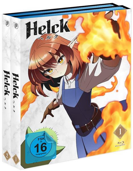 "Helck", FSK 16, abgebildet ist eine Figur mit spitzen Ohren in blauer Kleidung, umgeben von Flammen.