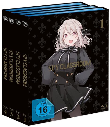 "SPY CLASSROOM," Vol. 1-4 beschriftete Box. Mädchen in schwarzem Kleid, FSK 16, Blumenmuster im Hintergrund.