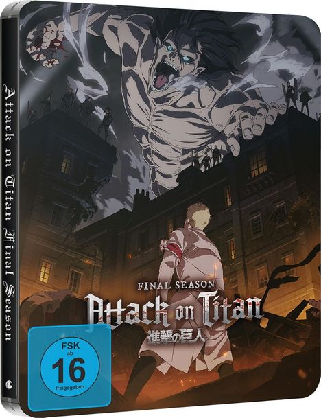 „Attack on Titan Final Season“ steht in großen Buchstaben. Ein riesiger Titan über einer städtischen Szene mit Figuren.