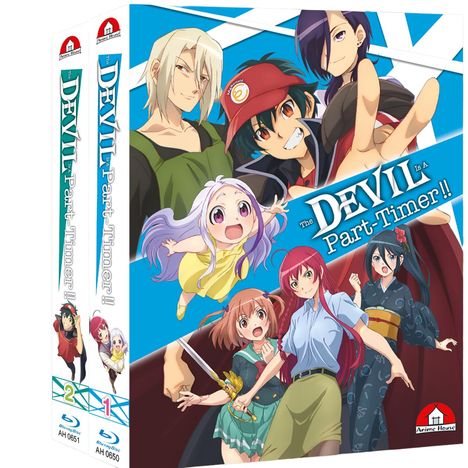 "The Devil is a Part-Timer!!" in großen Buchstaben, bunte Anime-Charaktere in verschiedenen Posen auf blauem Hintergrund.