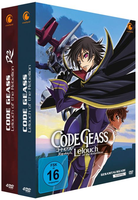 "CODE GEASS Lelouch of the Rebellion". Ein junger Mann in lila Mantel, Roboter im Hintergrund. FSK 16. Gesamtstaffel 1.
