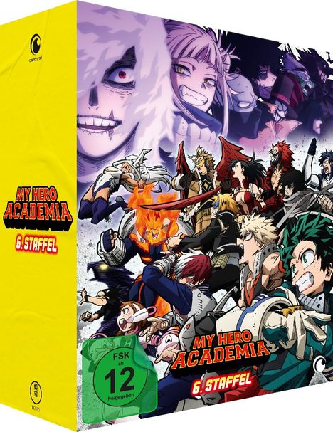 "My Hero Academia 6. Staffel". Dynamische Anime-Charaktere in lebhaften Posen, grünes FSK 12-Symbol.