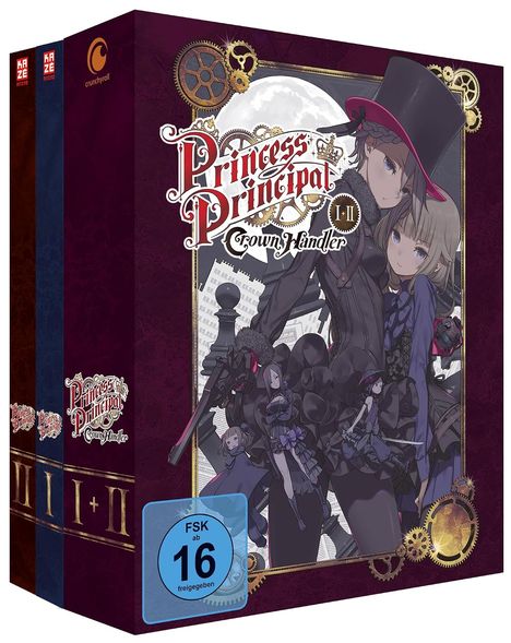 "Princess Principal Crown Handler I-II", FSK ab 16, zwei junge Leute, stilvoll gekleidet, vor einem Zahnräder-Design.