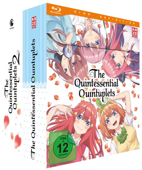 "The Quintessential Quintuplets", "FSK ab 12 freigegeben", umgeben von fünf Mädchen mit roten Blütenblättern.
