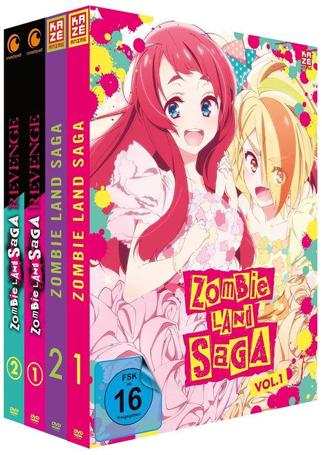 "Zombie Land Saga", Vol. 1, FSK 16. Cover zeigt zwei fröhliche Manga-Figuren, KAZÉ und Crunchyroll Logos.