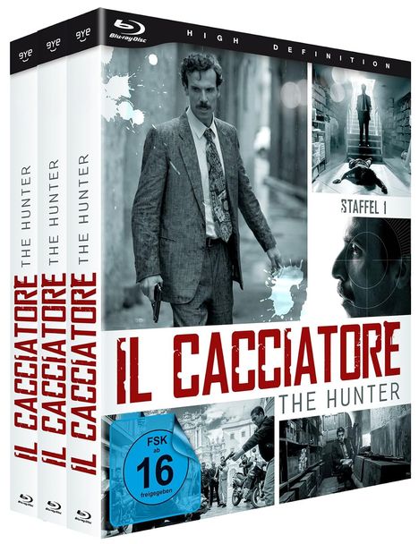 "IL CACCIATORE THE HUNTER" und "Staffel 1". Ein Mann im Anzug, Straßenbilder, FSK 16-Logo. Blu-ray-Boxset.