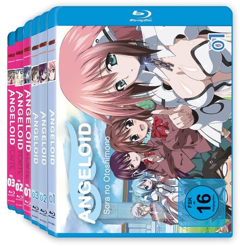ANGELLOID: Sora no Otoshimono. Illustration von Anime-Charakteren vor einem blauen Himmel, FSK 16 Hinweis.