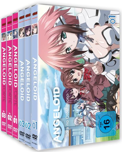 Die Texte "ANGELOID", "Sora no Otoshimono", "VOL 01-04", "FSK 16". Animefiguren in Schuluniformen und Sci-Fi-Outfits.