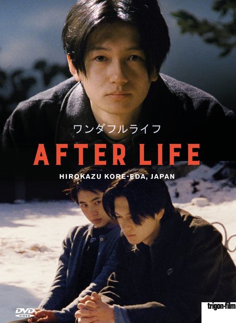 Text: "AFTER LIFE, Hirokazu Kore-eda, Japan." Zwei Personen draußen im Schnee, eine sitzt nachdenklich, die andere schaut ernst.