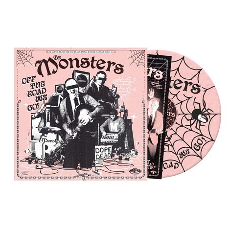 Texte: "The Monsters", "Off the road we go!", "Dope or dead". Illustration mit Musikern in Anzug und Instrumenten.