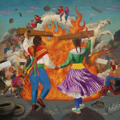 Illustration: Zwei Personen in bunter Kleidung halten Instrumente über sich, vor einem großen Feuer, umgeben von Chaos.
